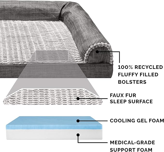 Furhaven Cooling Gel Dog Bed for Large/Medium Dogs w/ Removable Bolsters & Washable Cover, For Dogs Up to 55 lbs - Luxe Faux Fur & Performance Linen Sofa - Charcoal, Large-Mewly Pet