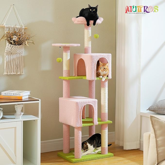 Flower Cat Tree, 62-Inch Large Cat Tower for Multi-Cat Households w/Scratching Posts, Multi-Level Cat Condo w/Cozy Top Perch & Scratching Pad, Padded Platform, 2 Pompoms, Pink-Mewly Pet