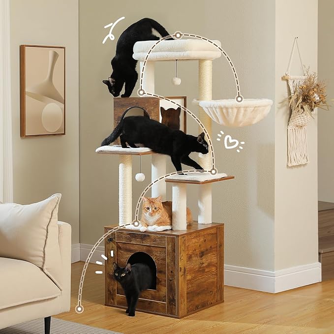 PEQULTI 57.5" Cat Tree with Litter Box Enclosure Large, Wood Cat Tower for Indoor Cats with Storage Cabinet and Cozy Cat Condo, Sisal Covered Scratching Post and Repalcable Dangling Balls, Brown-Mewly Pet