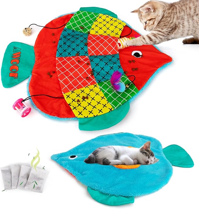 AWOOF Cat Mat, Cute Soft Catnip Mat, Cat Activity Mat Machine Washable Catnip Toys Interactive Cat Toys for Indoor Cats (Fish Shape)-Mewly Pet