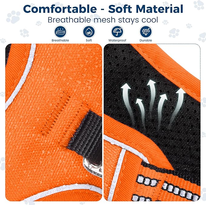 Funfox Dog Harness No Pull, Adjustable Pet Vest Harness, Super Soft Material with Vertical Handle Easy Control, Reflective Night Walking, 2 Leash Clips for XLarge Dogs, Orange, XL-Mewly Pet