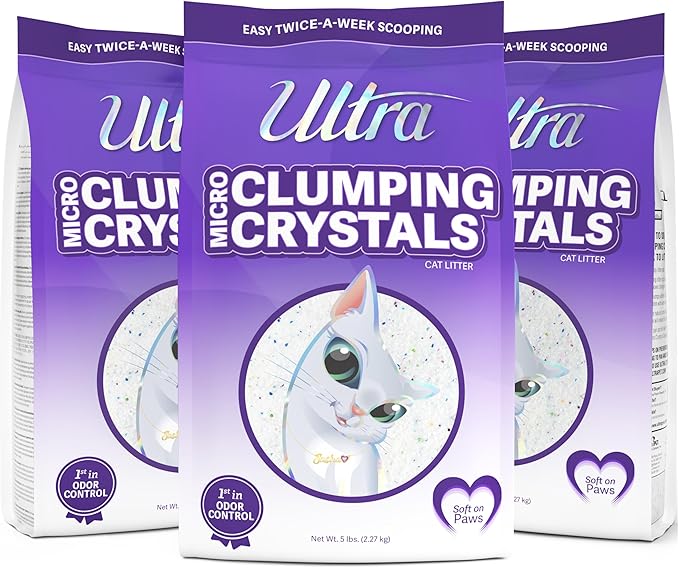 Ultra Clumping Micro Crystals Premium Cat Litter - Dust Free, Soft on Paws, Fragrance Free - 15 Lbs. Total (3pk of 5 Lbs.)-Mewly Pet