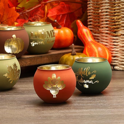 Set of 8 Fall Votive Candle Holder,Glass Tealight Holders with 6 Engraving Patterns,Thanksgiving Candlestick Holder for Home Wedding Table Centerpieces Decoration