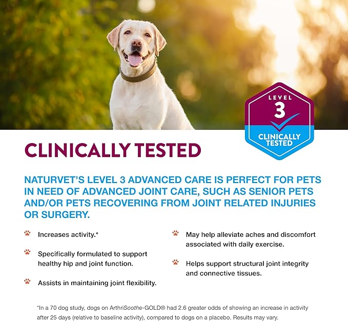 NaturVet ArthriSoothe-Gold Level 3, MSM and Glucosamine for Dogs and Cats, Advanced Joint Care Support Supplement with Chondroitin and Omega 3, Clinically Tested, Chewable Tablets, Made in The USA-Mewly Pet