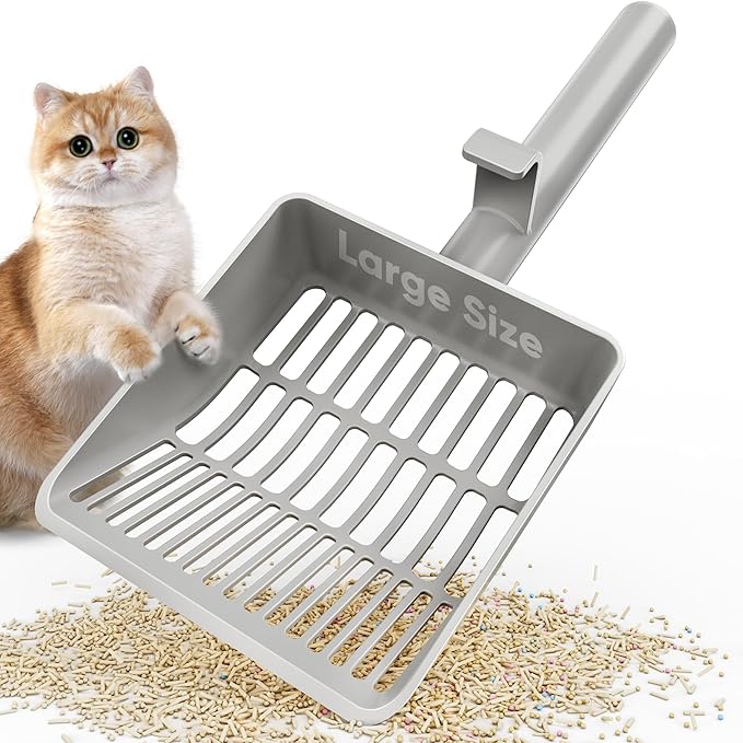 Large Cat Litter Scoop, Heavy-Duty Litter Scoop with Dual Sifting Holes for Fast & Fine Clumping, Kitty Litter Scooper with Long Handle & Easy-to-Hang Hook for Litter Box-Mewly Pet