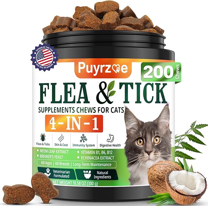 4-in-1 Flea Treatment for Cats Chewable, Natural Cat Flea and Tick Prevention Chewable Supplement for Skin & Coat | Immunity Support | Digestive | Flea & Tick Treatment for All Breeds & Sizes-Mewly Pet
