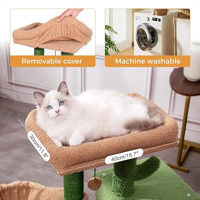 Cactus Cat Tree Small Cat Tower with 32 Inches Scratching Post with Cats Condo House, Cozy Hammock and Removable Top Bed and Dangling Ball for Indoor Cats-34” Green-Mewly Pet