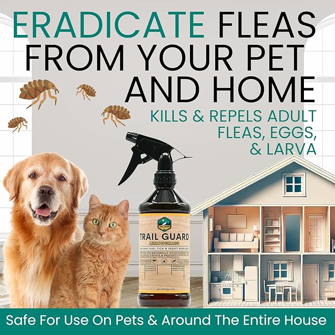 Trail Guard Natural Extra Strength Insect, Flea and Tick Spray for Dogs, Cats, People & Home - 16oz Lemongrass Scented Plant-Based Insect & Tick Repellent for Dogs - Kid Safe (16oz)-Mewly Pet