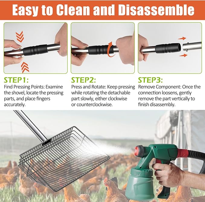 Esmorah 10 Inch Large Metal Chicken Poop Scooper for Sand & Coop Cleaning - Long Sifting Shovel with 24"-68" Adjustable Handle, 5 Lengths Heavy Duty Stainless Steel-Mewly Pet