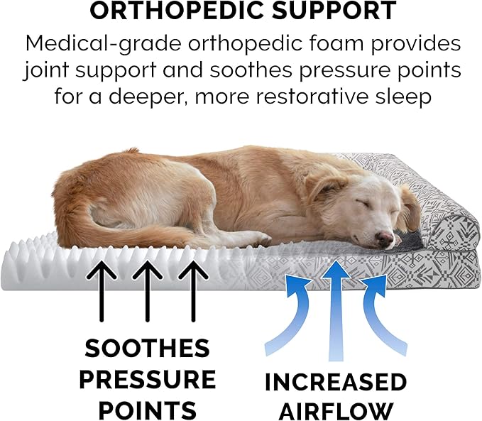 Furhaven Orthopedic Dog Bed for Large Dogs w/ Removable Bolsters & Washable Cover, For Dogs Up to 95 lbs - Plush & Southwest Kilim Woven Decor Sofa - Boulder Gray, Jumbo/XL-Mewly Pet