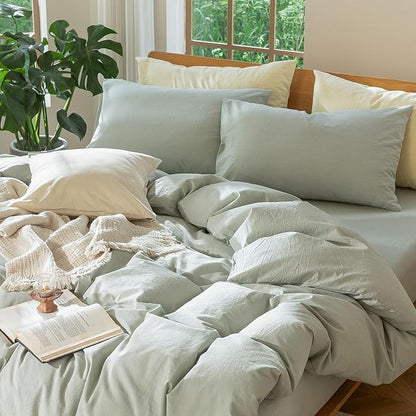 MooMee Bedding Duvet Cover Set 100% Washed Cotton Linen Like Textured Breathable Durable Soft Comfy (Heathered Sage Green, Palatial King/Oversized King 120"x98")