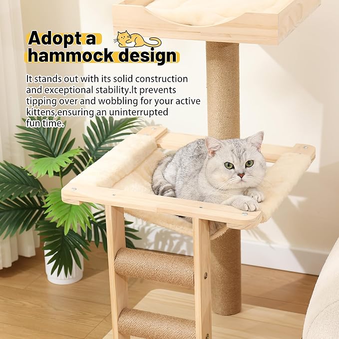 KVIDA Extra-Sturdy Wooden Cat Tree for Large Cats – Modern 3-Level Tower with Hammock, Anti-Tip Sisal Posts & Oversized Perch, Ideal for Indoor Big Cats & Multi-Cat Homes-Mewly Pet