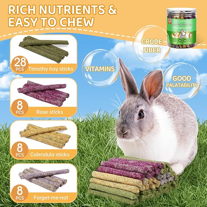 52Pcs Rabbit Chew Sticks, Guinea Pig Toys, Natural Timothy Grass Molar Teeth Stick, Mixing Flowers, Roses, Calendula and Forget Me Not, Small Animals Treats-Mewly Pet