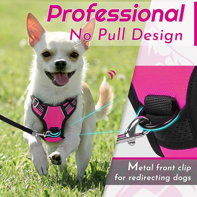 Eagloo Small Dog Harness No Pull, Service Vest with Reflective Strips and Control Handle, Adjustable and Comfortable for Easy Walking, No Choke Pet Harness with 2 Metal Rings, Rose Red, XS-Mewly Pet
