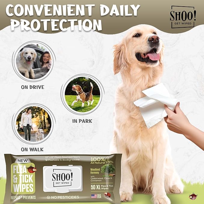 Shoo! Flea & Tick Wipes for Dogs | Convenient, Easy On-The-Go Protection | Plant Based, Natural Oils, Chemical Free | Repels & Prevents | 50 XL Wipes | (Woodland Harmony)-Mewly Pet