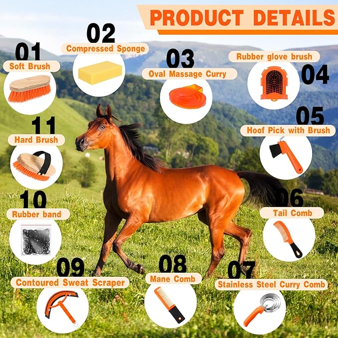 Abbylike 12 Pieces Horse Grooming Kit Racing Festival Tack Room Supplies Horse Brush Sets Equine Care Cleaning Kit Shedding Grooming Massaging Tools(Orange)-Mewly Pet