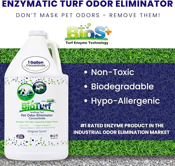 BioS+ Odor Eliminator Concentrate – Artificial Turf Cleaner for Pet Urine Outdoor & Yard Deodorizer for Dog Urine and Waste – Enzyme Formula, Safe for Pets, Kids & Plants – 1 Gallon-Mewly Pet