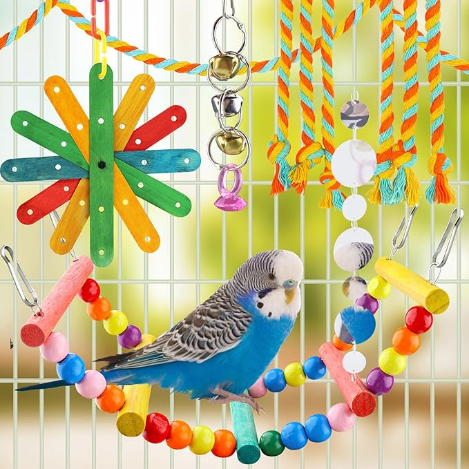 8 pcs Bird Toys for Parakeets with Colorful Ladder Hammock Bird Cage Accessories Bird Perch Stand Chewing Toys Hanging Bell Parrot-Mewly Pet