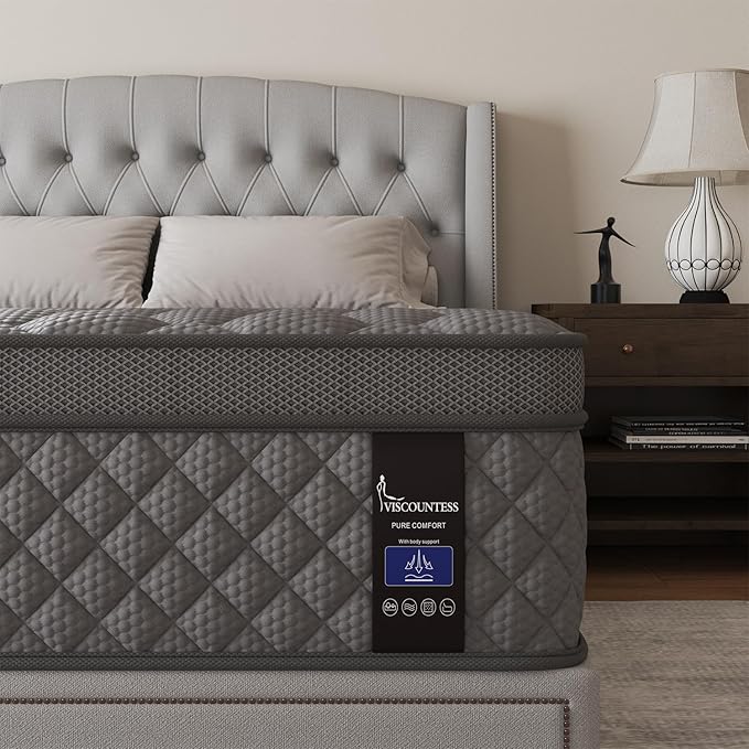 Queen Mattress, 14 Inch Hybrid Mattresses Grey Euro Top Medium Firm for Back & Lumbar Support, 100 Night Trial, Individual Pocket Spring Bed for Motion Isolation & Pressure Relief