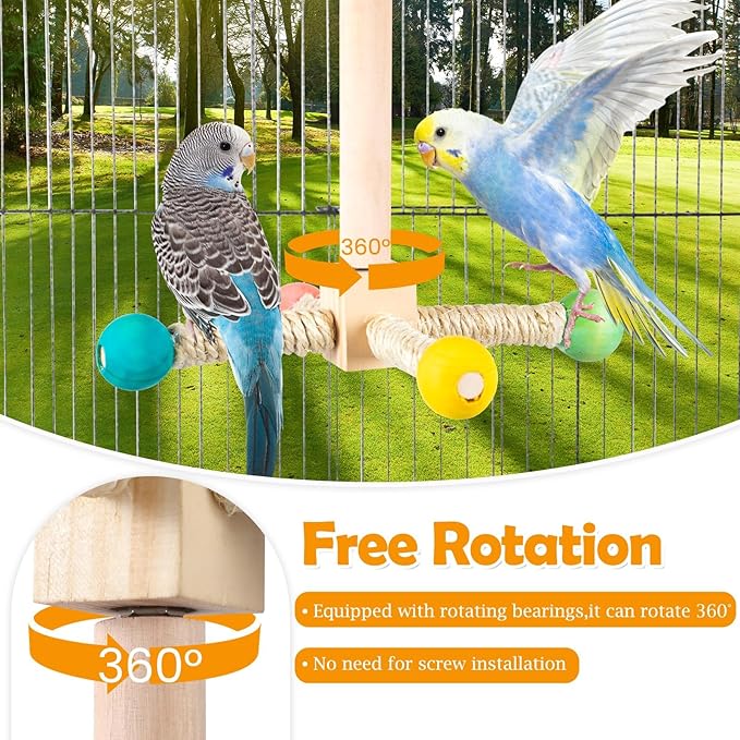 Rotating Bird Perches Toy, Interactive Spinning Parrot Parakeet Toys, Wooden Exercise Stand Bird Cage Accessories for Budgies,Cockatiels,Small Birds-Mewly Pet