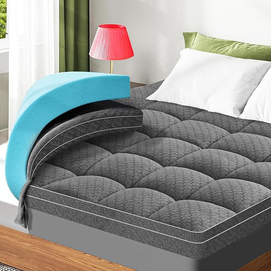 Dual Layer 3 Inch Memory Foam Mattress Topper California King Size, 2 Inch Cooling Gel Memory Foam Plus 1 Inch Pillow Top Mattress Pad Cover, with 8-21 Inch Deep Pocket, Grey