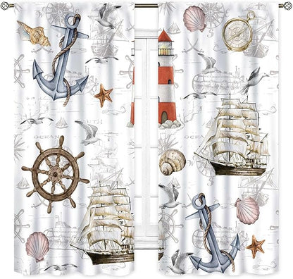 Nautical Kitchen Curtains, Vintage Marine Coastal Sailboat Compass Anchor Ocean Beach Lighthouse Watercolor Decorative Drapes for Bedroom Living Room Kitchen Bathroom Window 2 Panels Set, 63"x63" Inch