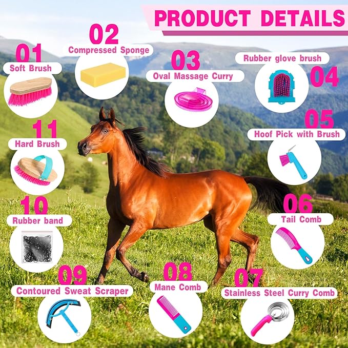 Abbylike 12 Pieces Horse Grooming Kit Racing Festival Tack Room Supplies Horse Brush Sets Equine Care Cleaning Kit Shedding Grooming Massaging Tools(Rose Red)-Mewly Pet