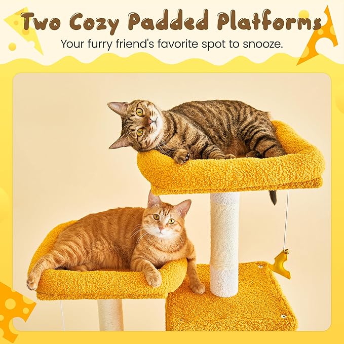 MWPO Cat Tree, 70.1-Inch Tall Cat Tower for Indoor Cats Large Adult, Multi-Level Cat Condo with 5 Scratching Posts, 2 Padded Perches, Hammock, Dangling Toys, Yellow-Mewly Pet