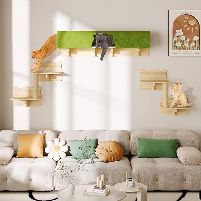 Cat Wall Shelves and Perches, Solid Wood Wall Cat Furniture, Set of 7 Feline Climbing Shelves with Bed, Steps, Scratching Post and Tunnel-Mewly Pet