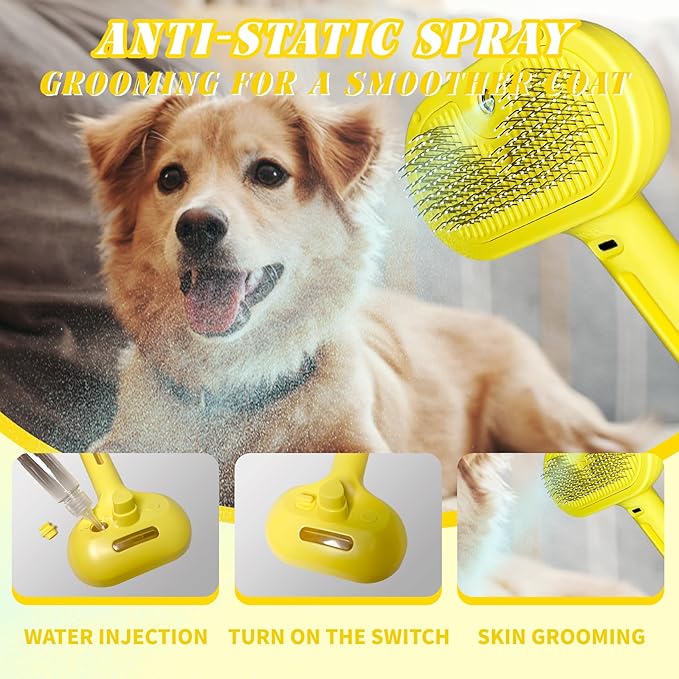 QOQ Self-Cleaning Spray Cat Brush for Shedding, Removes Static Flying Hair, and Works Wonders for Both Long and Short-Haired Pets 2 In 1 Cleaning Brush for Cats And Dogs Grooming (Yellow)-Mewly Pet