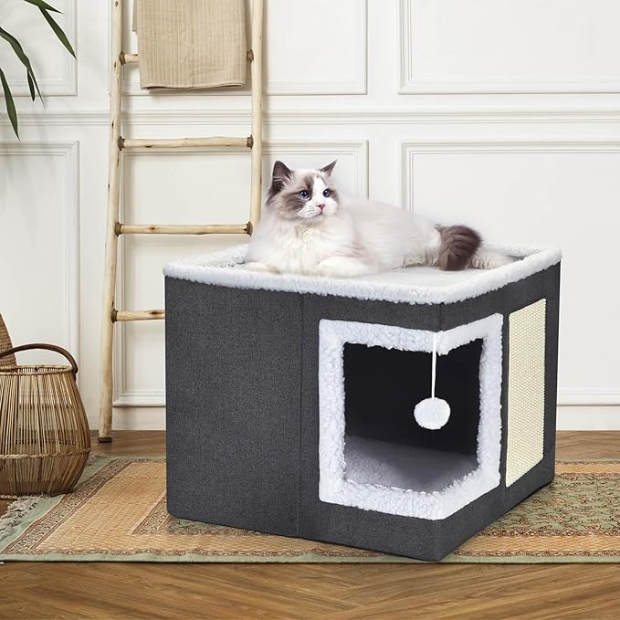 petizer Cat Bed for Indoor Cats, Large Covered Cat House with Scratch Pad, Foldable Cat Cave Bed & Hideaway Cube with Reversible Cushions, Cute Cat Condo for Multi Small Pet Kitten (Dark Grey)