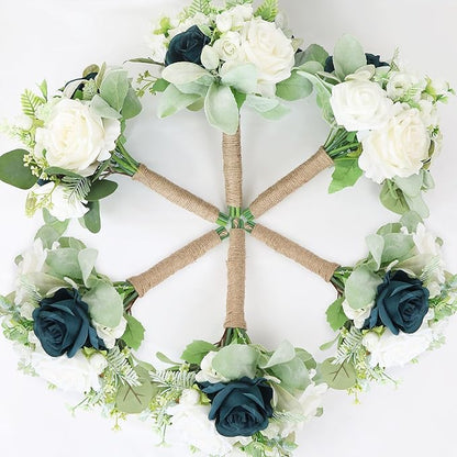 Wedding Bridesmaid Bouquet Set of 4 - Artificial Flowers Bouquets for Bridesmaids Pre-Made 7 Inch Faux Small Floral Bouquets Bridal Shower, Wedding, Ceremony, Anniversary - White Teal Blue