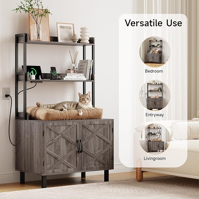 55 Inches Cat Litter Box Enclosure, Hidden Litter Box Furniture with 2 Storage Shelves and Charging Sockets, Wooden Cat House, Large Indoor Cabinet for Living Room & Entryway, Grey-Mewly Pet