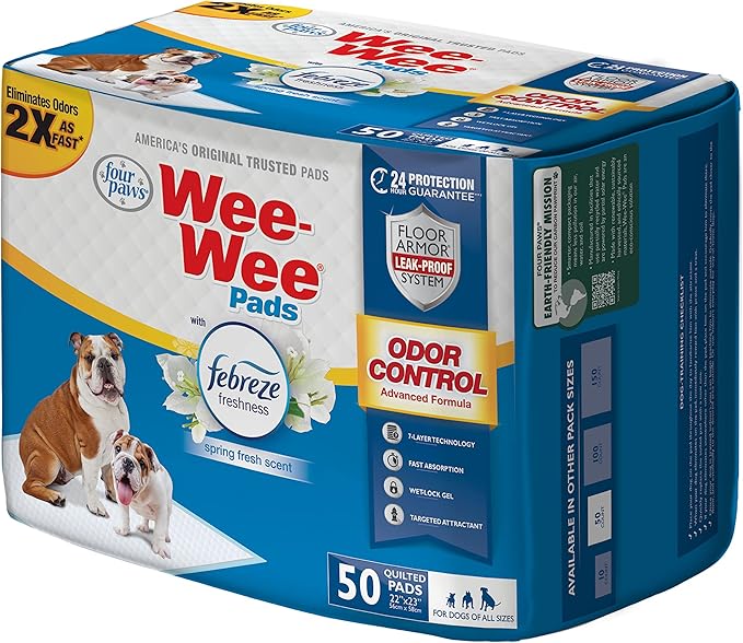 Four Paws Wee-Wee Odor Control with Febreze Freshness Pee Pads for Dogs & Puppies, Leak-Proof Dog Housebreaking Potty Training Floor Protection, Spring Fresh Scent, 22" x 23", 50 Count-Mewly Pet