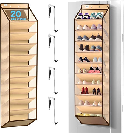 10 Tier Over The Door Organizer - Heavy Duty Hanging Storage Rack with Sturdy Oxford Fabric, Holds 20+ Pairs of Footwear, Boots & Sneakers, Saves 50% Closet Space(Beige)
