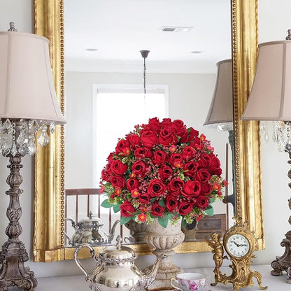 10 Bunches Red Roses Artificial Flowers, Flores Rojas Silk Flower Arrangement for Decoration Outdoor Wedding Party Indoor Home Bedroom Kitchen Office