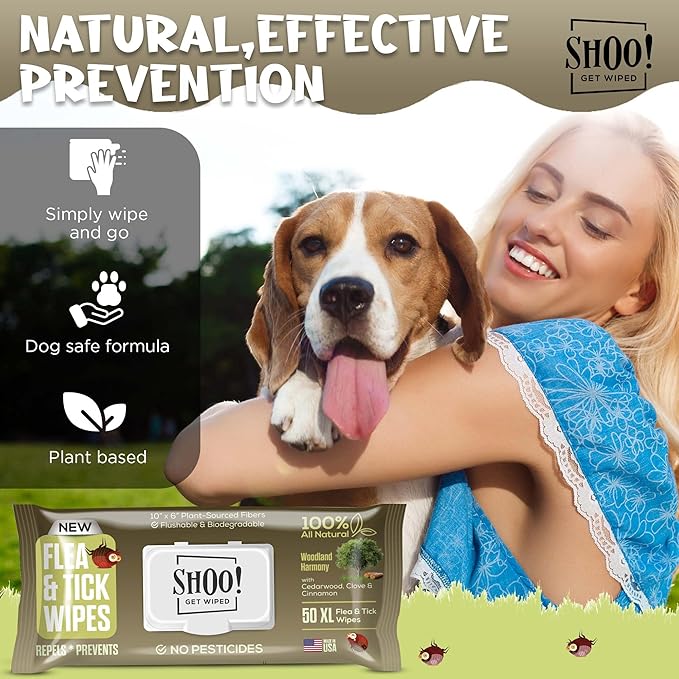 Shoo! Flea & Tick Wipes for Dogs | Convenient, Easy On-The-Go Protection | Plant Based, Natural Oils, Chemical Free | Repels & Prevents | 50 XL Wipes | (Woodland Harmony)-Mewly Pet