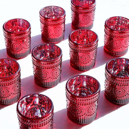VOHO Red Mercury Glass Candle Holder Set of 12, Boho Sunflower Red Votive Candle Holders for Table Centerpiece, Festive Tealight Candle Holder for Christmas, Thanksgiving, Valentines Day Decorations