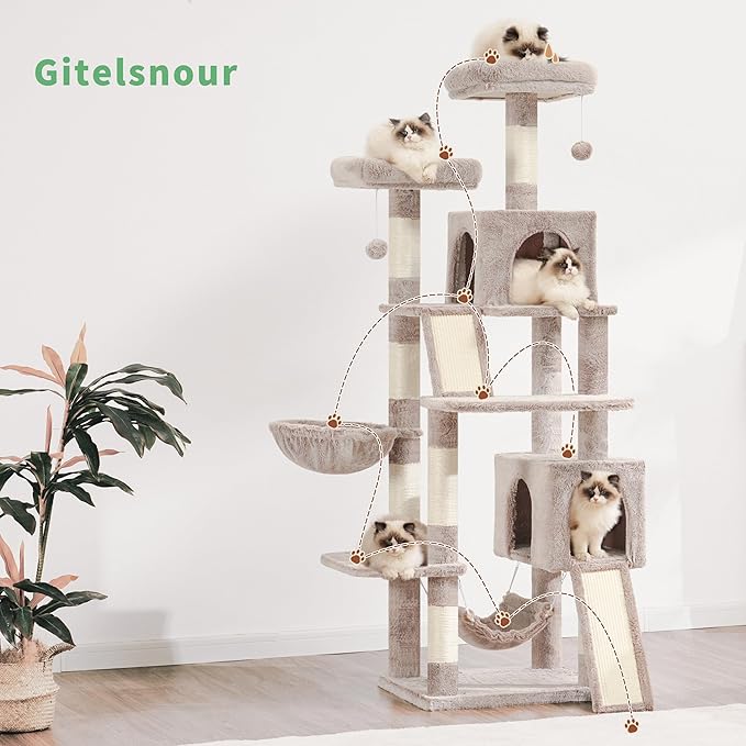 Cat Tree for Indoor Cats, 71'' (180cm) Multi-Level Cat Tower for Large Adult, Sturdy Cat Tree House with 2 Scratching Boards 7 Posts, 2 Plush Perches/Condos, Hammock, Muchroom GCT032MU-Mewly Pet