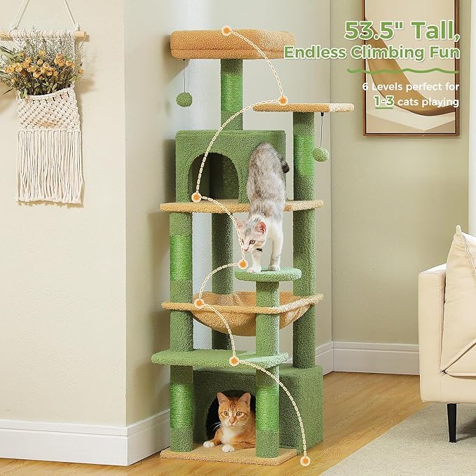 PAWZ Road Cat Tree, 53.5 Inches Tall Cat Tower with Spacious Hammocks, Condos and Scratching Posts, Cat House with Dual Padded Perches for Indoor Large Cats-Green-Mewly Pet