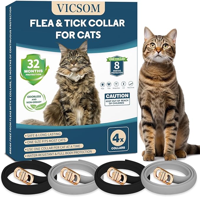 4 Pack Flea and Tick Collar for Cats, 32 Months Treatment Prevention, Waterproof Adjustable Kitten Collar, Black Grey-Mewly Pet