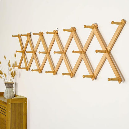 SKOLOO Hat Rack for Wall with 20 Hooks, Solid Wooden, Modern, Expandable Coat Rack Wall Mount for Coats, Hats, Bags, Baseball Caps, Natural Color