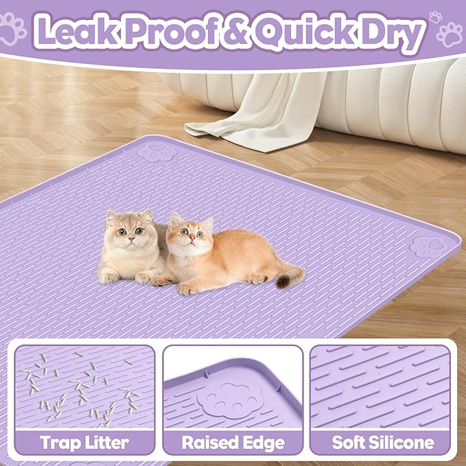 Cat Litter Mat, Extra Large 40" x 28" Silicone Mat Litter Trapping Mat for Scatter Control, Soft on Kitty Paws, Easy to Clean (Purple)-Mewly Pet