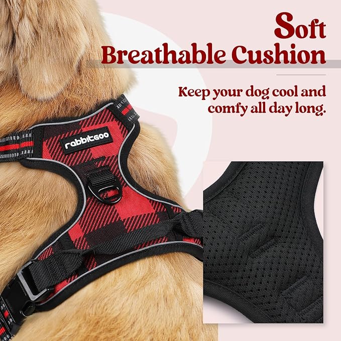 rabbitgoo Dog Harness No Pull with 2 Leash Clips, Adjustable Soft Padded, Reflective Oxford No Choke Pet Vest with Easy Control Handle for Large Dogs, Red Plaid, L-Mewly Pet