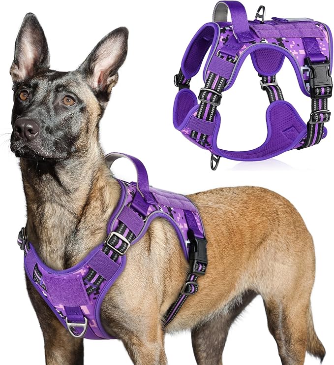rabbitgoo Tactical Dog Harness for Large Dogs, No Pull Military Service Vest with Handle & Molle, Easy Control for Training Walking, Adjustable Reflective Straps, Purple Camo, L-Mewly Pet