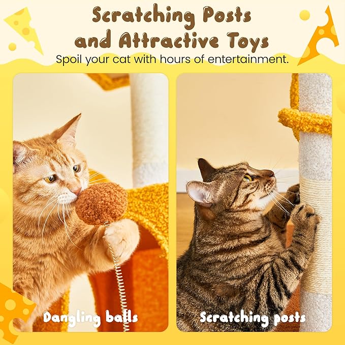 MWPO Cat Tree, 70.1-Inch Tall Cat Tower for Indoor Cats Large Adult, Multi-Level Cat Condo with 5 Scratching Posts, 2 Padded Perches, Hammock, Dangling Toys, Yellow-Mewly Pet