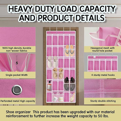 Over the Door Shoe Organizer with 30 Breathable Mesh Pockets - Large Capacity Closet Storage for Men & Women, Hanging Shoe Rack Organizer -Pink