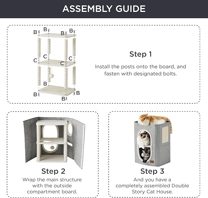 Bedsure 2 Story Cat House - Cat Condos for Indoor Cats with Scratch Pad and Fluffy Ball Hanging, Small Pet Cave Furniture Hideaway for Multi Pets, 18x14x23 inches, Dark Grey-Mewly Pet