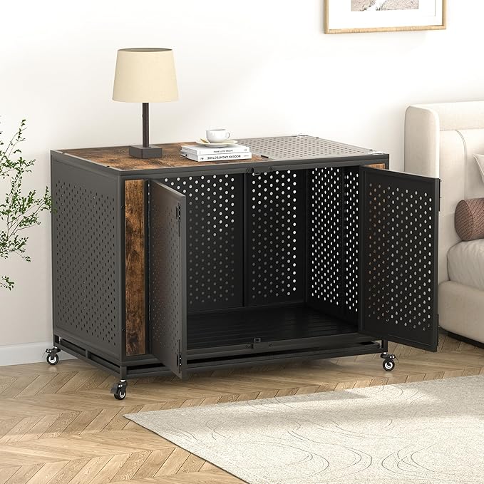 48" Heavy Duty Dog Crate Furniture for Extra Large Dogs, Enclosed Design with 0.5 inch Holes, Indestructible Metal Kennel for High Anxiety Dogs, Chew Proof Pet Cage House Indoor, Brown-Mewly Pet