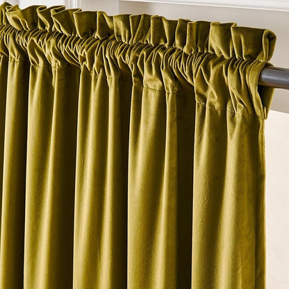 Lazzzy Velvet Blackout Curtains Thermal Insulated Room Window Drapes Super Soft Luxury Curtains for Living Room Bedroom Rod Pocket 2 Panels, Golden Olive, 52" W x 84" L